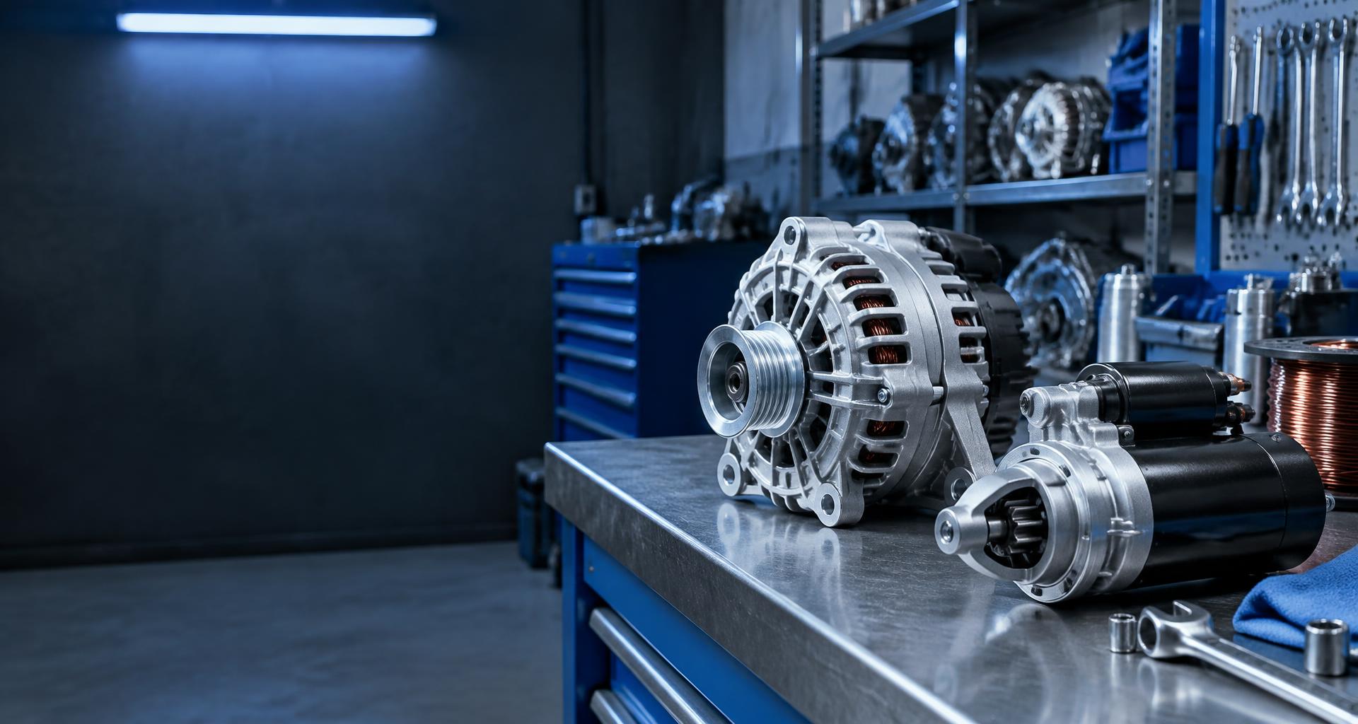 Starter motor and alternator on an auto-electric workbench